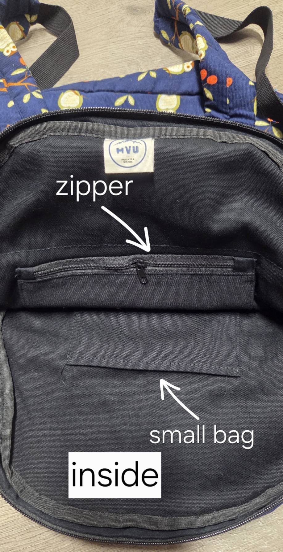 Navy owl backpack – back view with zipper