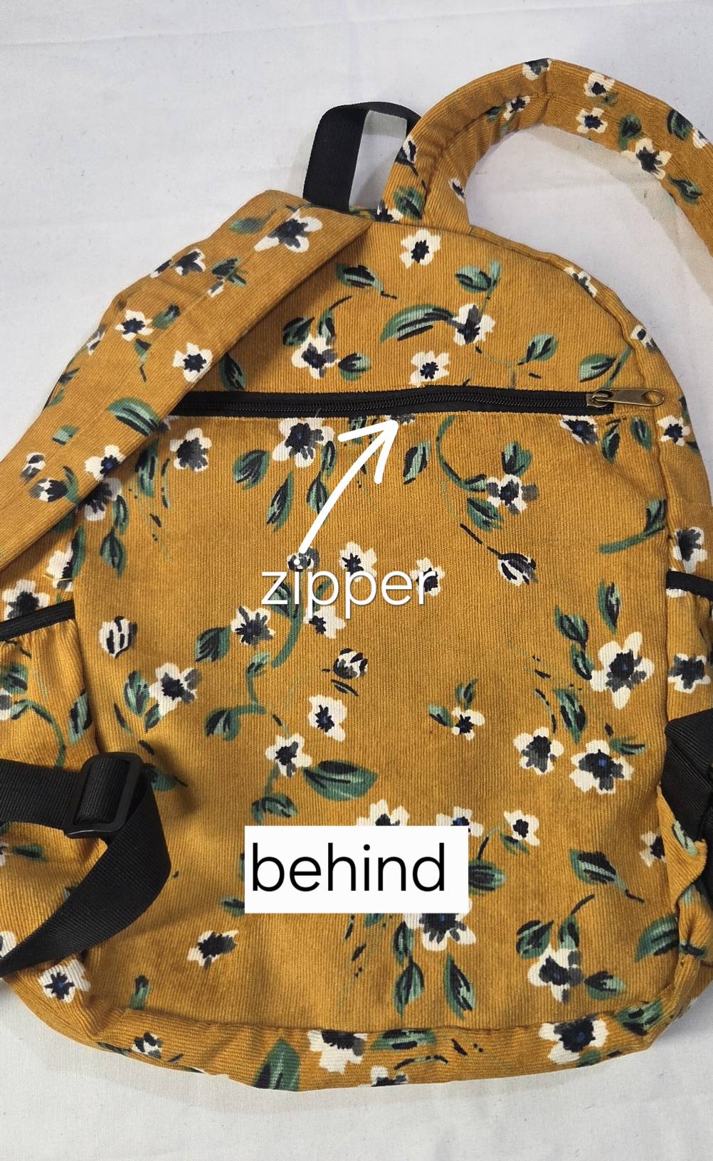 Mustard floral backpack – back view with hidden zipper