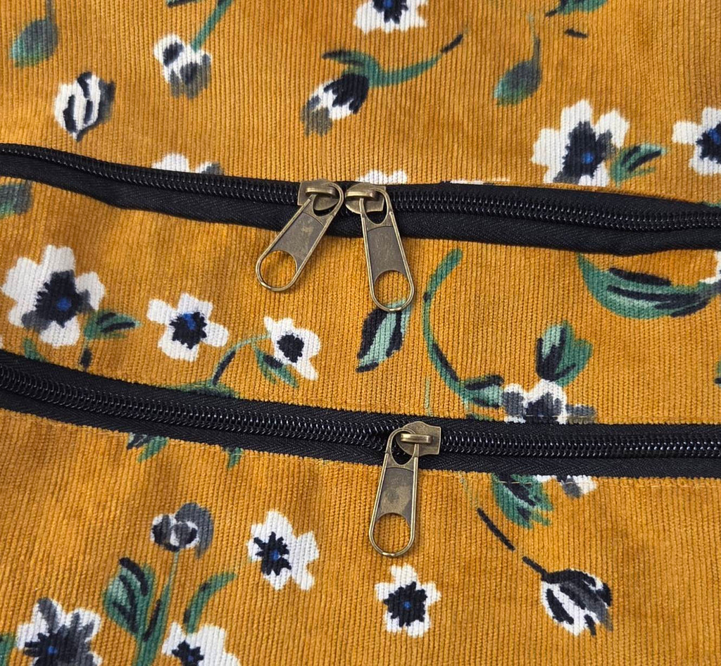 Mustard floral backpack – zipper hardware detail