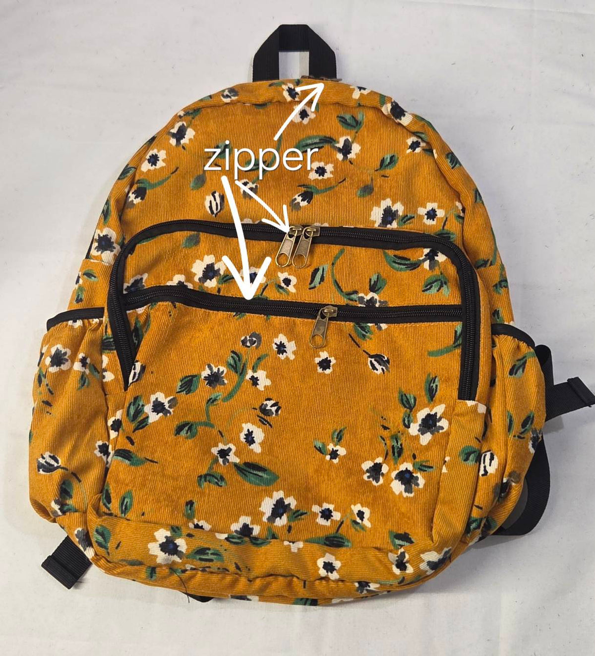 Mustard floral backpack – HVU brand label inside