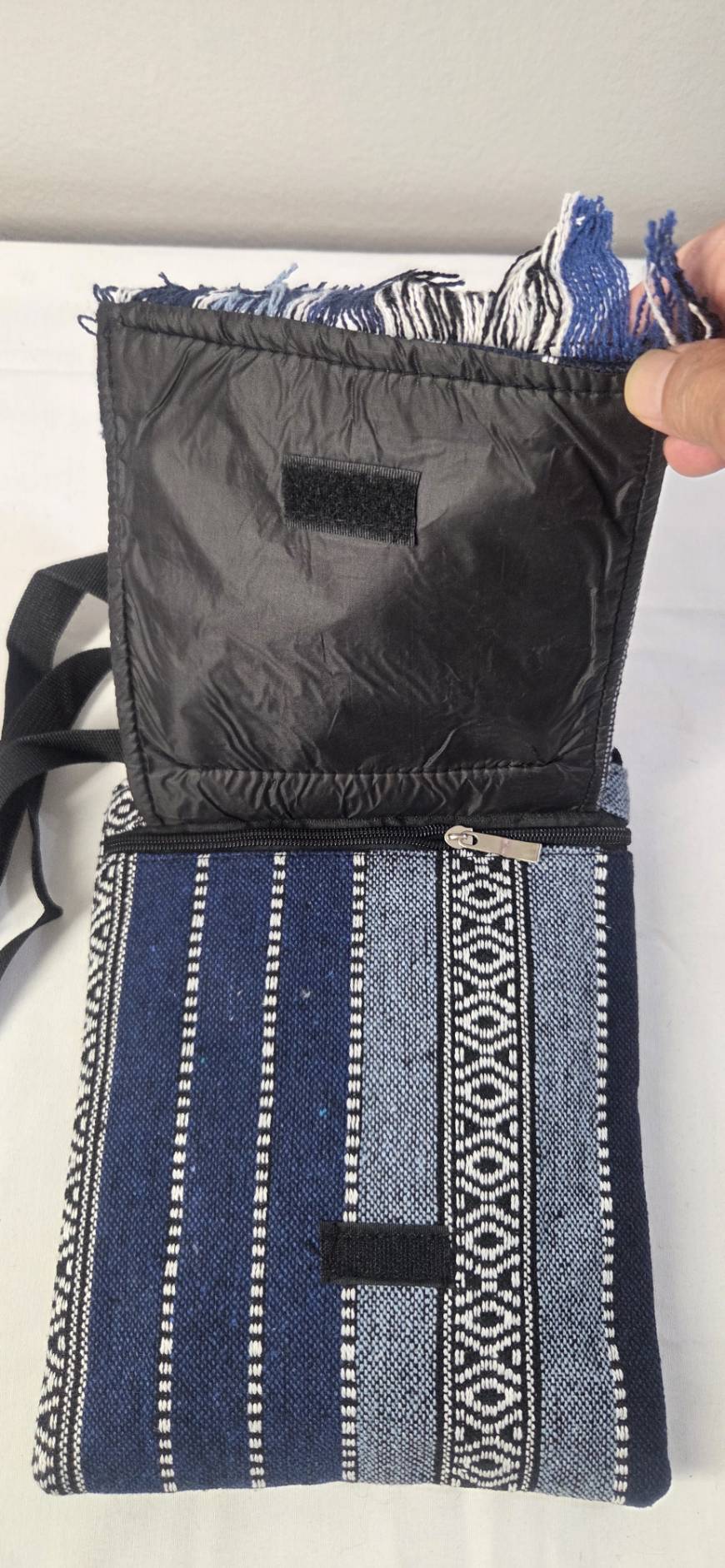 Bohemian Woven Crossbody Bag Navy - model wearing bag