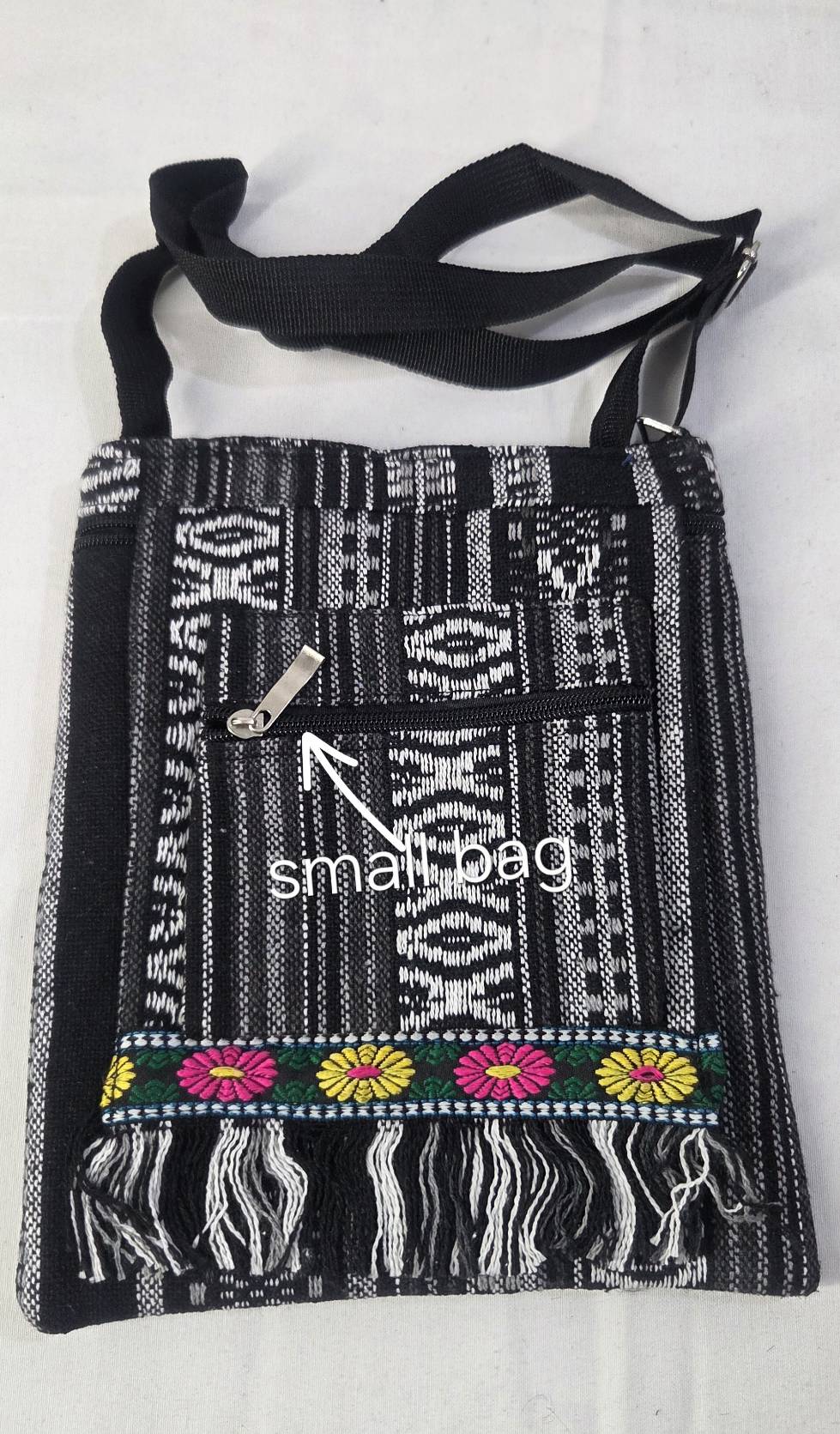 Bohemian Woven Crossbody Bag Black - lifestyle flat lay