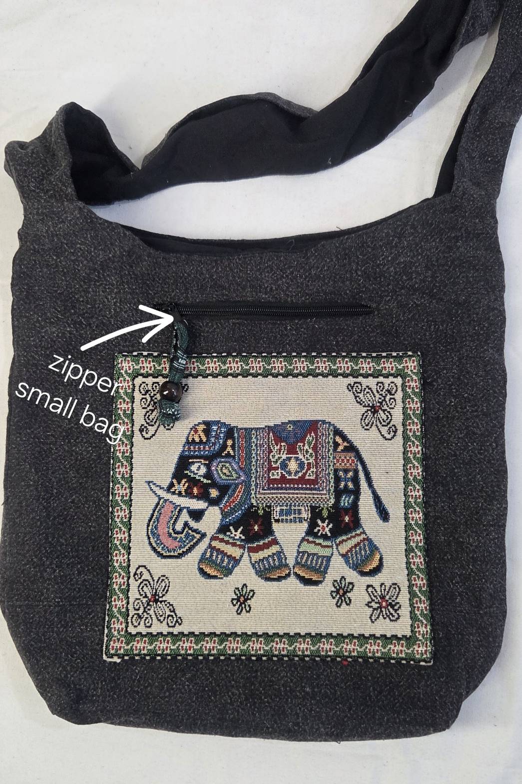 Thai Elephant Cotton Shoulder Bag – flat lay detail view