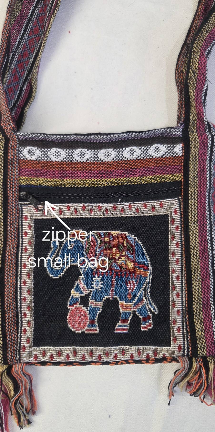 Thai Elephant Soccer Crossbody Bag - front view showing zipper small pocket