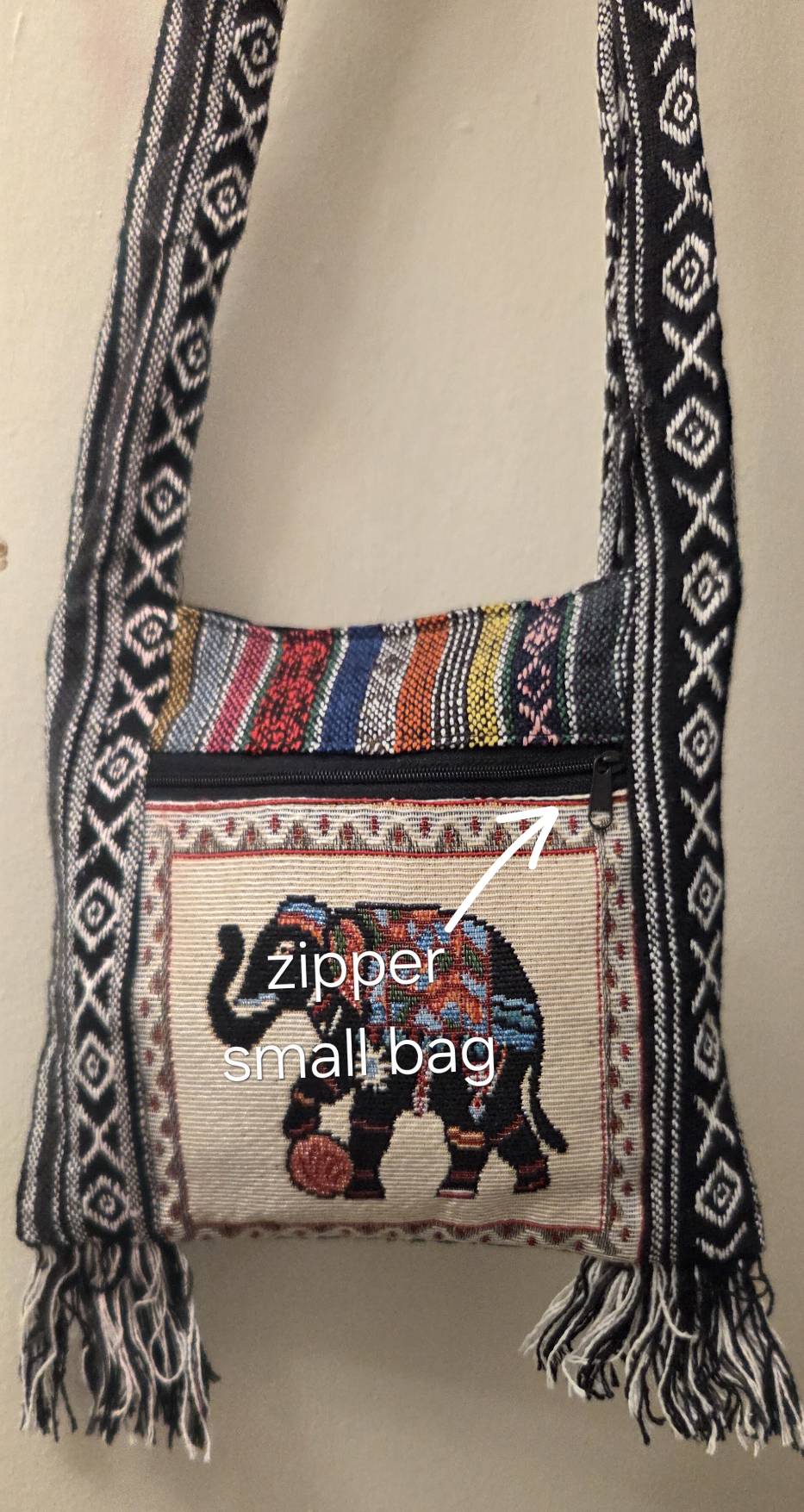 Thai Elephant Soccer Crossbody Bag cream - front view showing zipper small pocket and elephant embroidery
