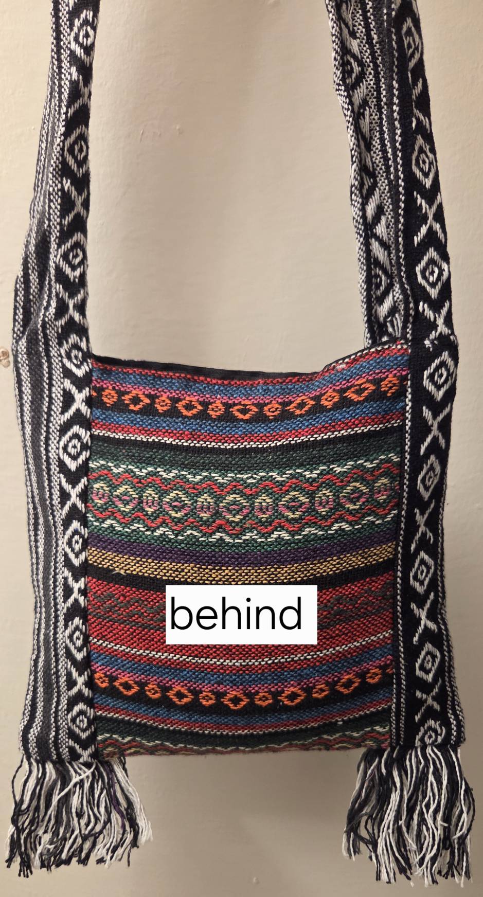 Thai Elephant Soccer Crossbody Bag cream - back view showing colorful woven stripe pattern