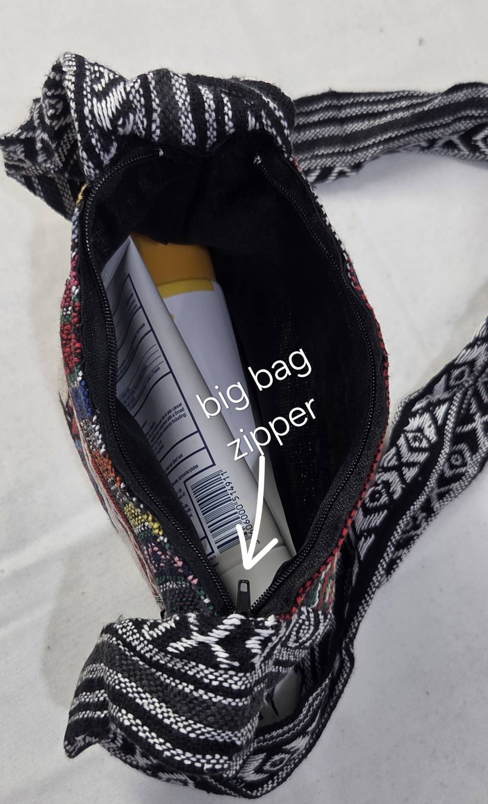 Thai Elephant Soccer Crossbody Bag cream - interior showing big bag zipper compartment