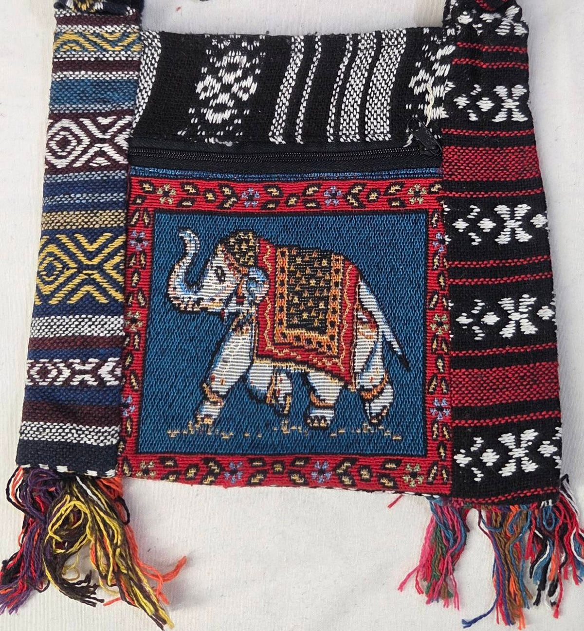 Thai Elephant Crossbody Bag – 100% Cotton Brocade Boho Shoulder Bag with Zipper & Fringe – Made in Thailand