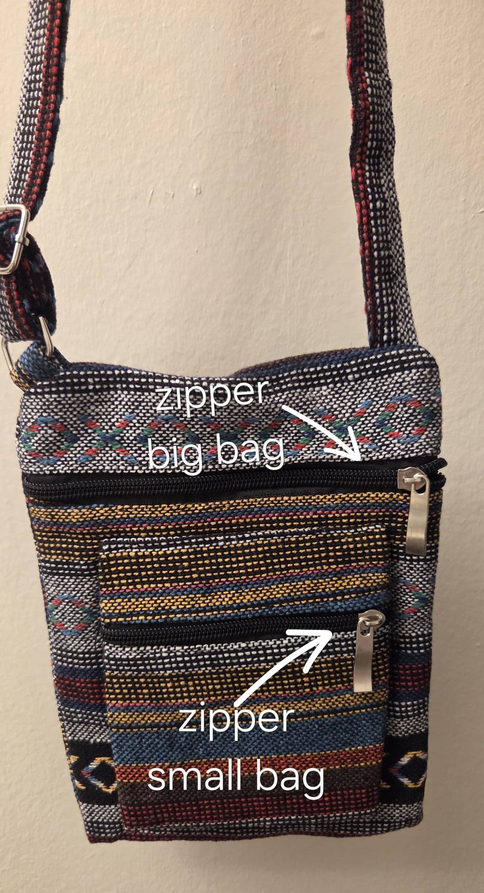 Thai woven crossbody bag lifestyle – hanging on wall