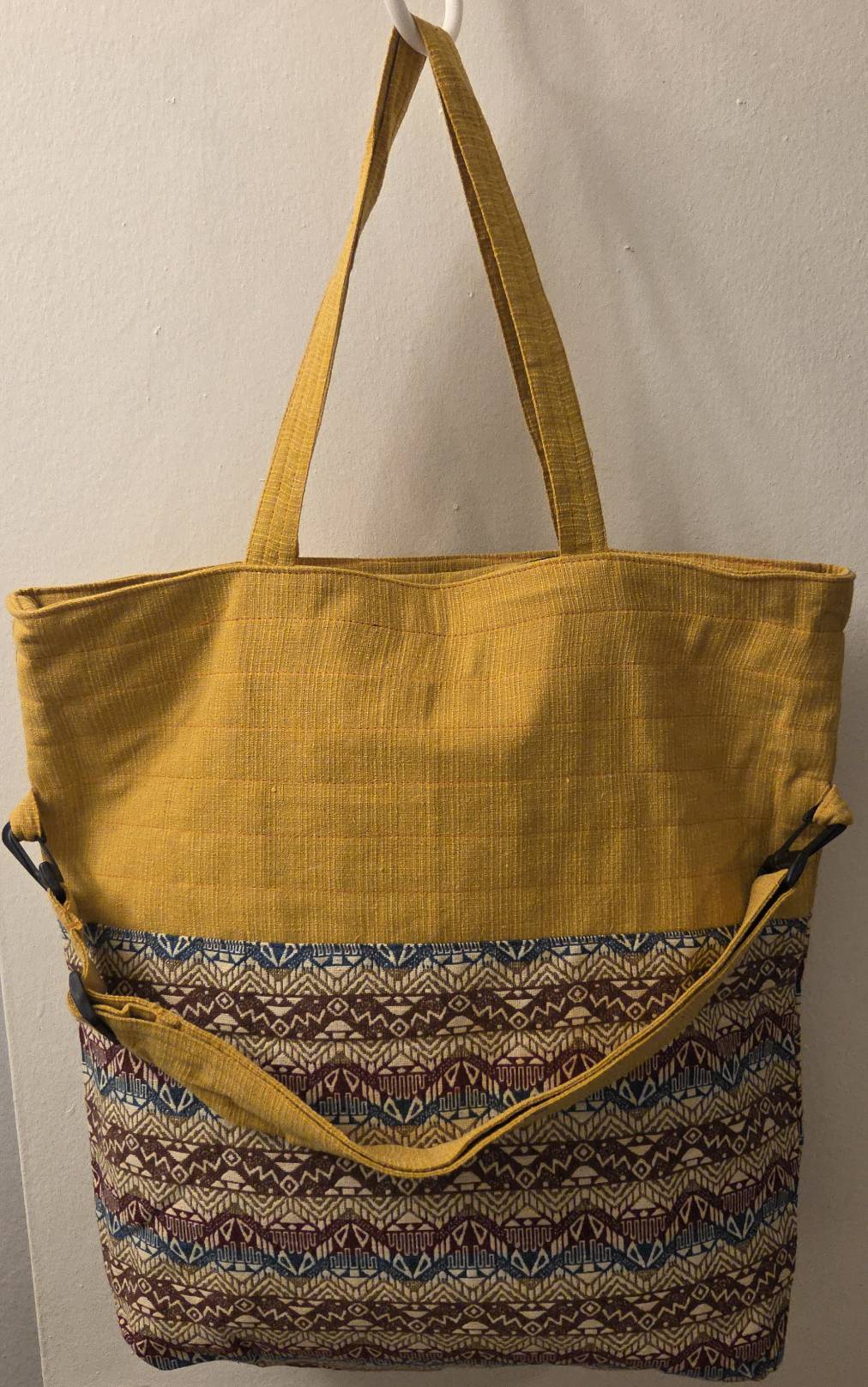 Thai cotton boho tote bag ET-06 – mustard yellow interior view showing black cotton lining, zipper inner pocket, Made in Thailand 100% cotton label