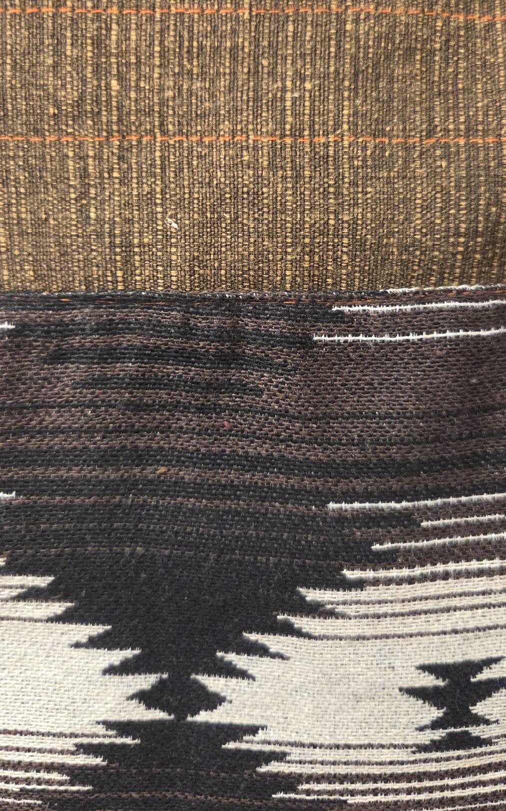 Thai cotton boho tote bag ET-07 – dark brown body with beige brown aztec diamond floral woven panel, detachable crossbody strap, lifestyle hanging shot with trailing plant