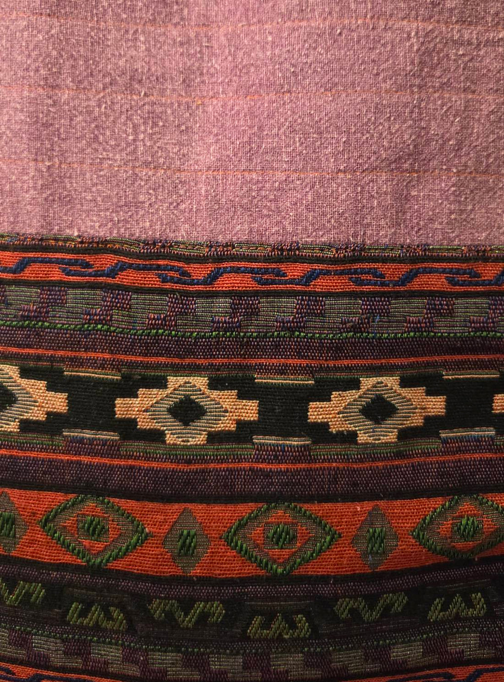 Thai cotton boho tote bag ET-09 – lavender body with multicolor aztec diamond stripe woven panel, detachable purple strap with black hooks, close up front view