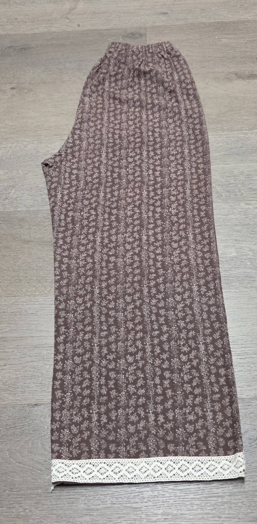 Side view of LP-02 chocolate brown floral straight-leg pajama pants