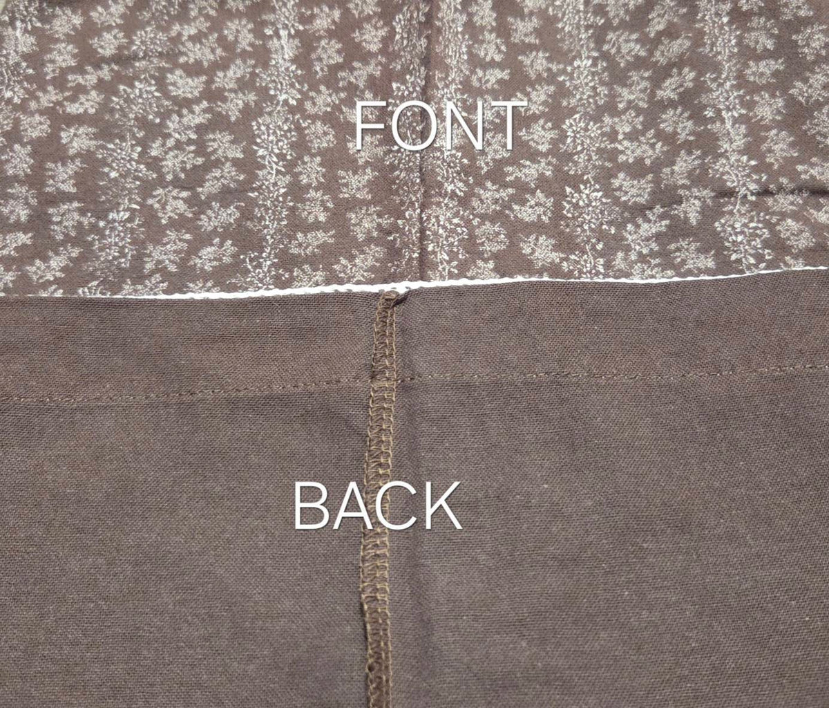 Close-up of LP-02 chocolate brown floral pajama pants construction