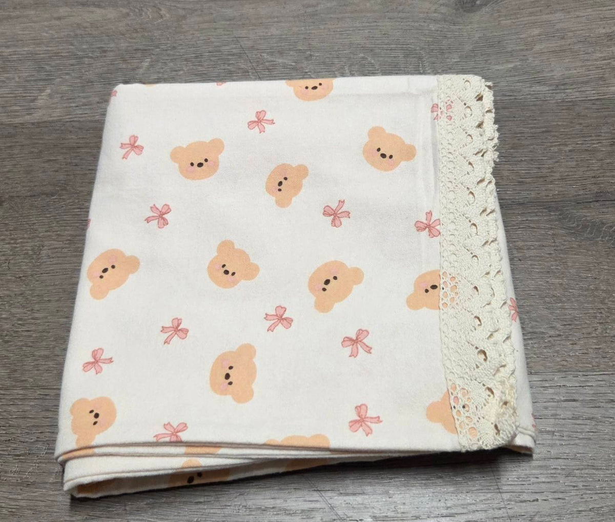 Folded LP-05 ivory teddy bear and pink bow pajama pants with lace trim