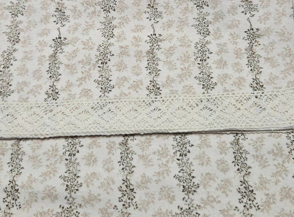 Close-up of LP-06 botanical print fabric and cream lace hem