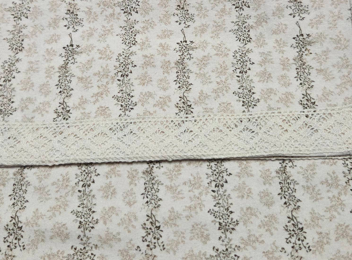 Close-up of LP-06 botanical print fabric and cream lace hem