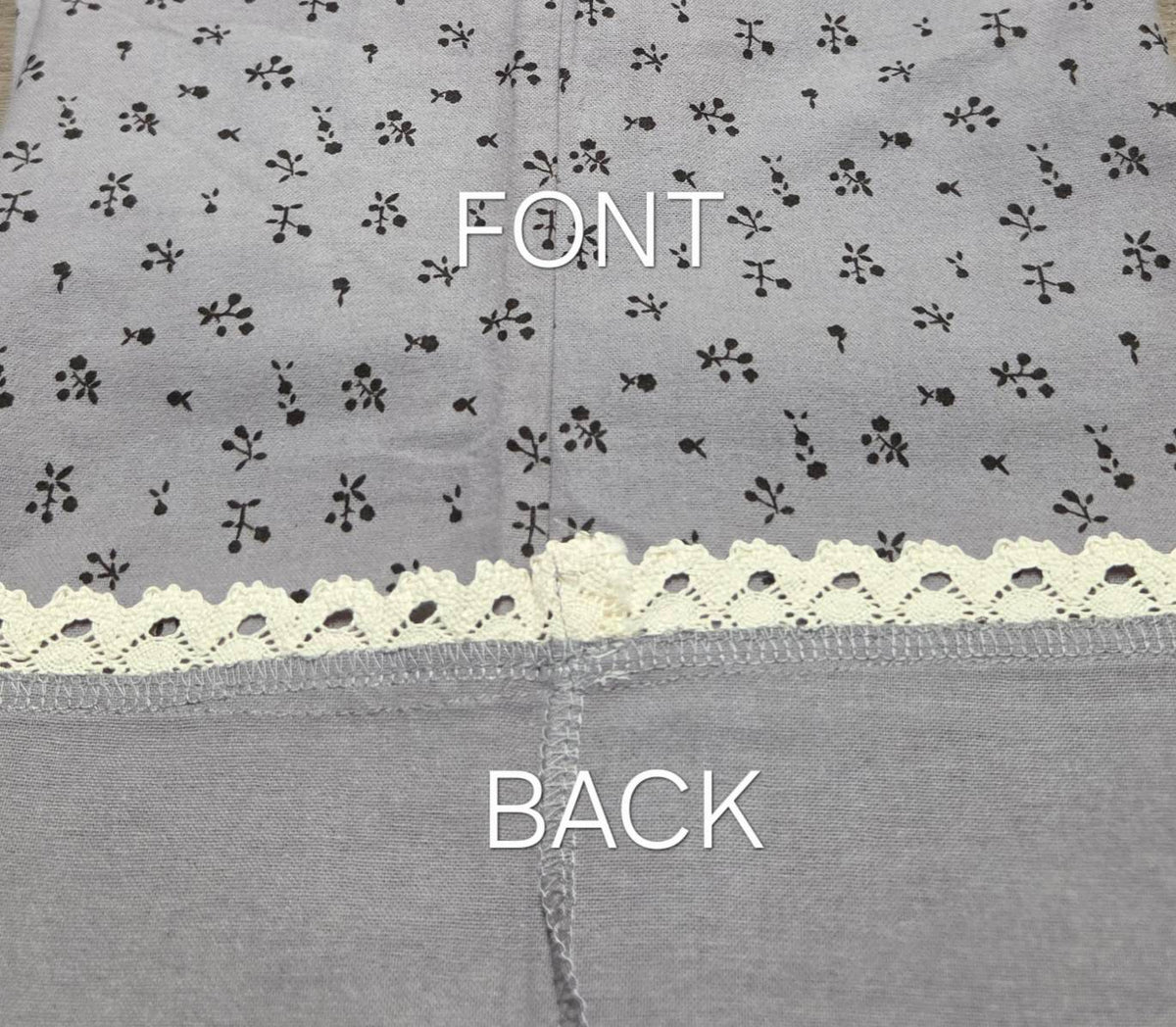 Front and back construction detail of LP-07 dusty gray floral pajama pants