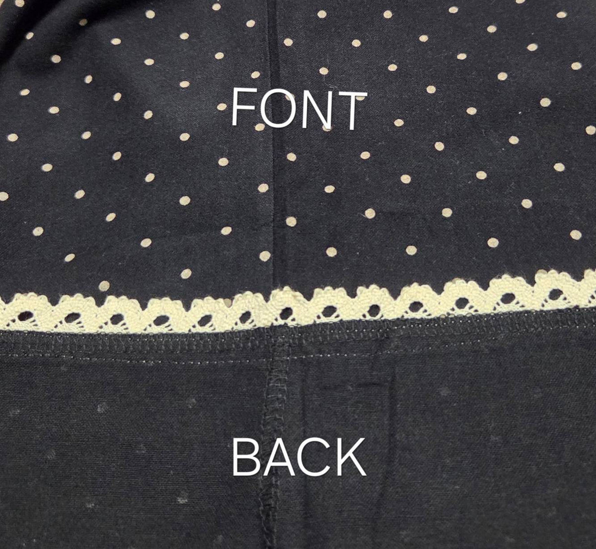 Front and back construction detail of LP-09 black polka dot pajama pants