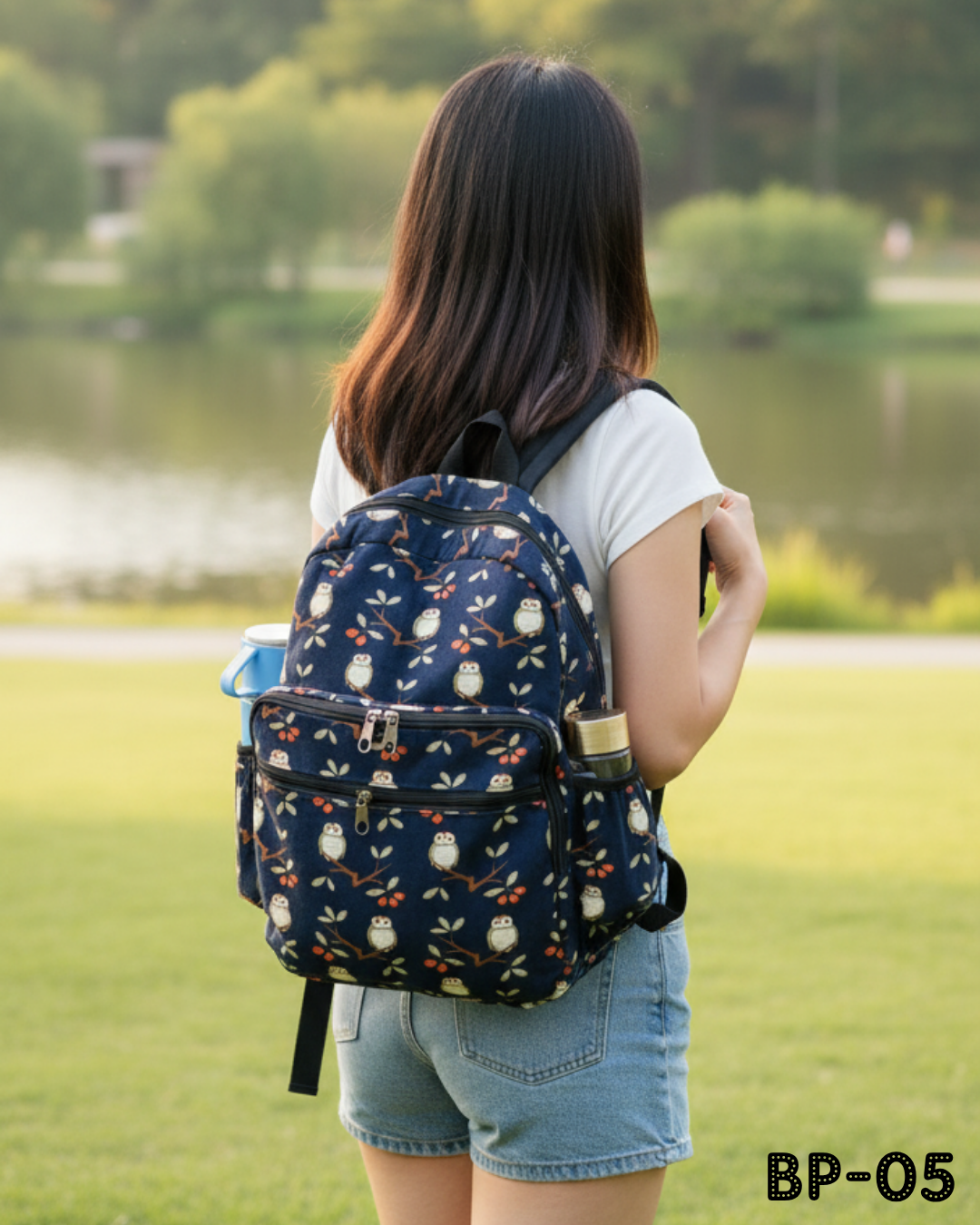 BP-05 Deep Blue Backpack with owl print