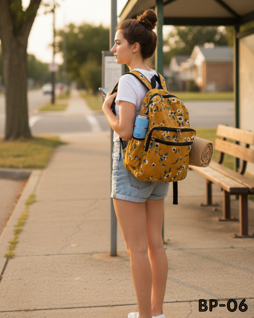 Mustard yellow floral backpack – front view with zipper detail