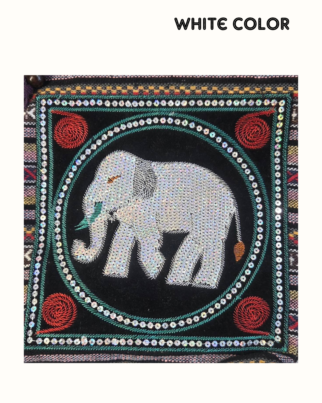Thai Elephant Cotton Shoulder Bag – Boho Ethnic Sequin Embroidered Crossbody Bag with Zipper Pockets – Made in Thailand