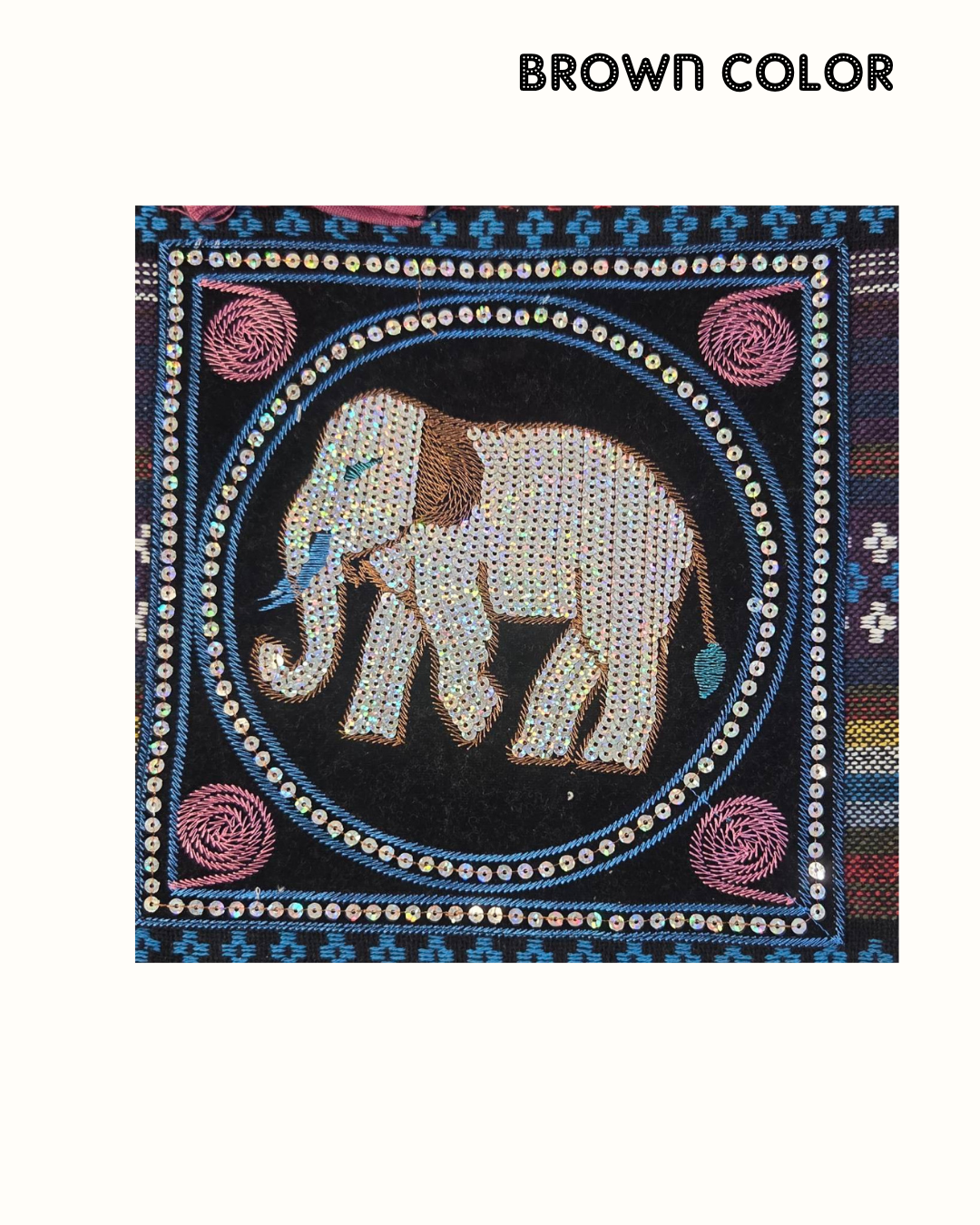 Thai Elephant Cotton Shoulder Bag – Boho Ethnic Sequin Embroidered Crossbody Bag with Zipper Pockets – Made in Thailand