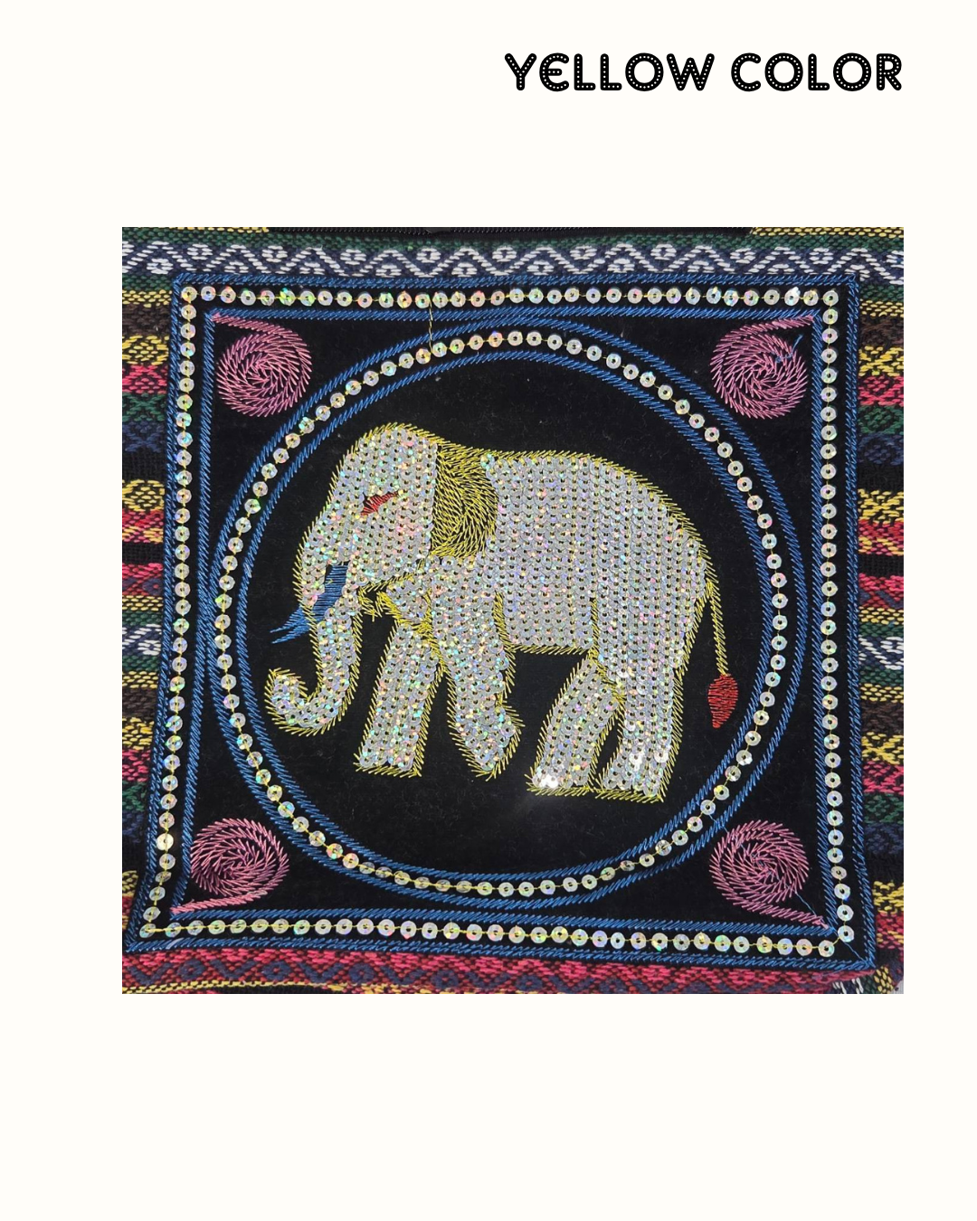 Thai Elephant Cotton Shoulder Bag – Boho Ethnic Sequin Embroidered Crossbody Bag with Zipper Pockets – Made in Thailand
