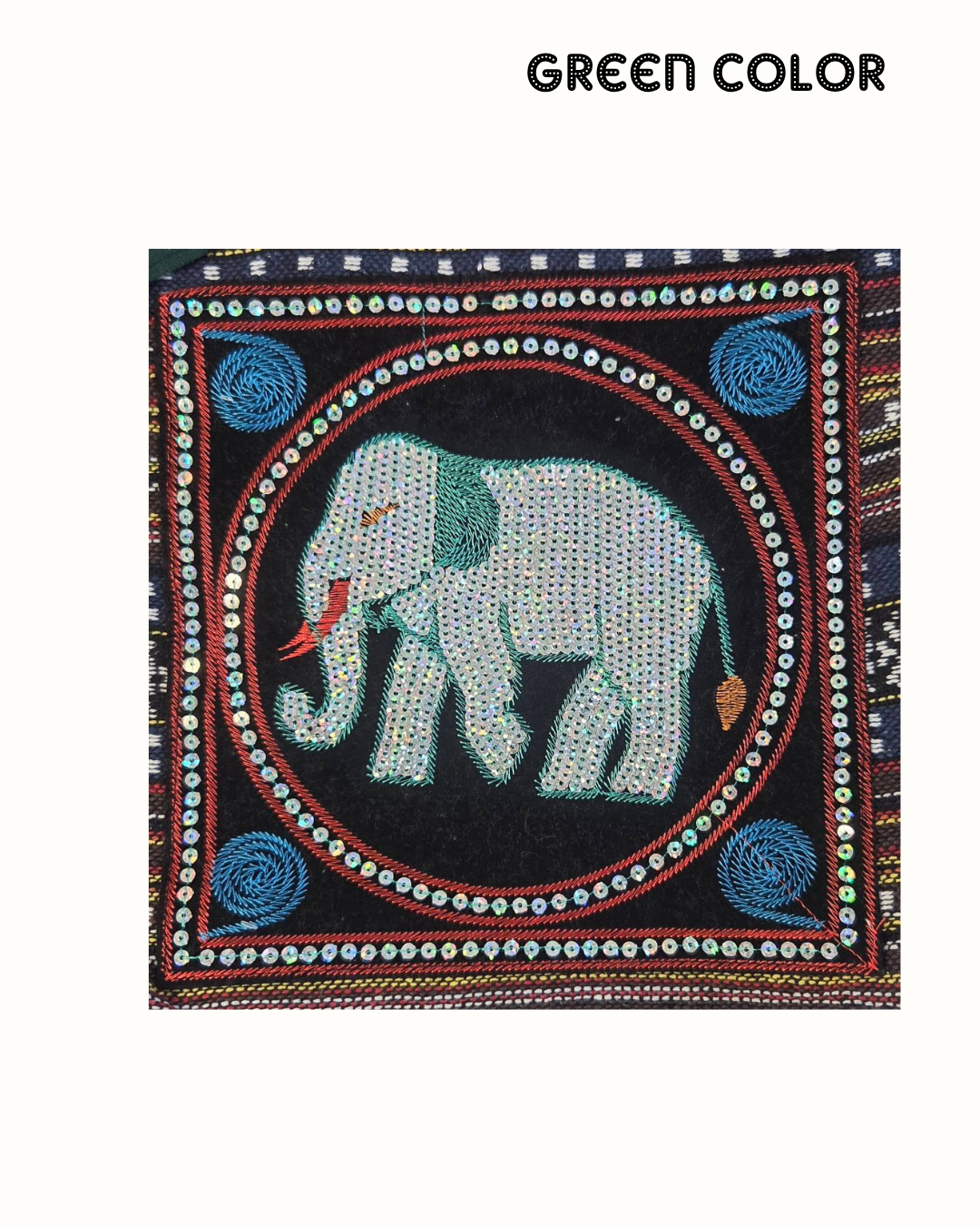 Thai Elephant Cotton Shoulder Bag – Boho Ethnic Sequin Embroidered Crossbody Bag with Zipper Pockets – Made in Thailand