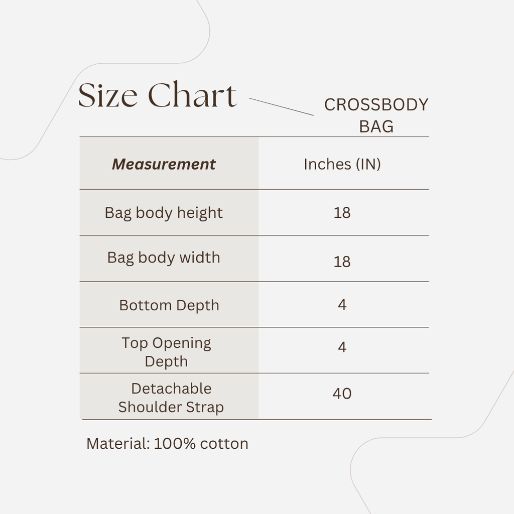 Thai cotton boho tote bag ET-07 – size chart and product illustration, 18x18 inches with 40 inch detachable shoulder strap