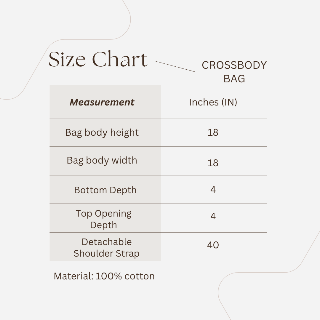 Thai cotton boho tote bag ET-07 – size chart and product illustration, 18x18 inches with 40 inch detachable shoulder strap