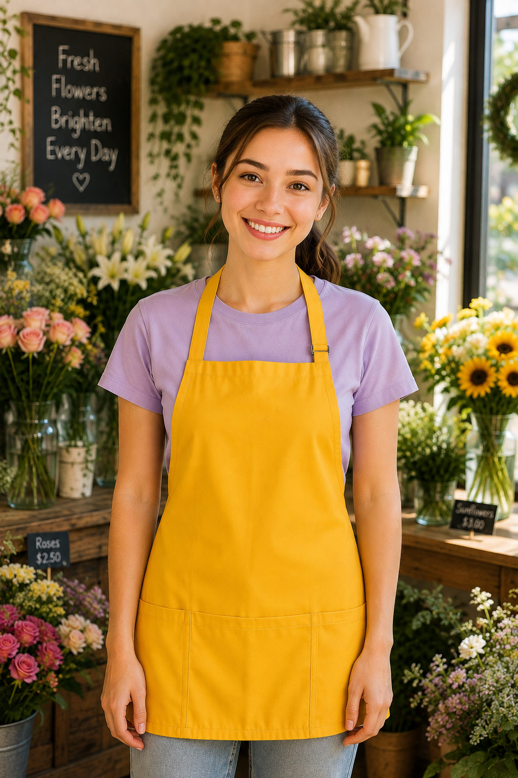 Yellow waterproof cotton apron, size M, front view