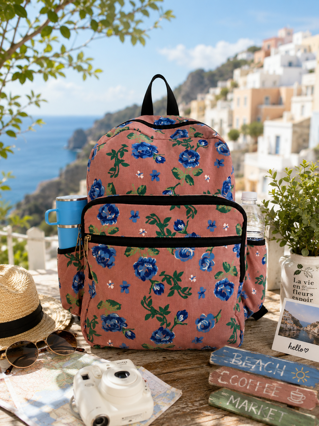 Dusty Pink Floral Backpack – Blue Rose Print | Corduroy School & Travel Bag