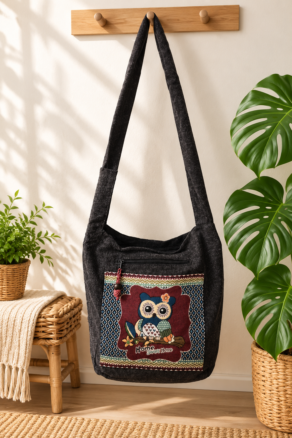 100% Cotton Owl Shoulder Bag – Wide Strap Boho Crossbody Bag with Multiple Pockets