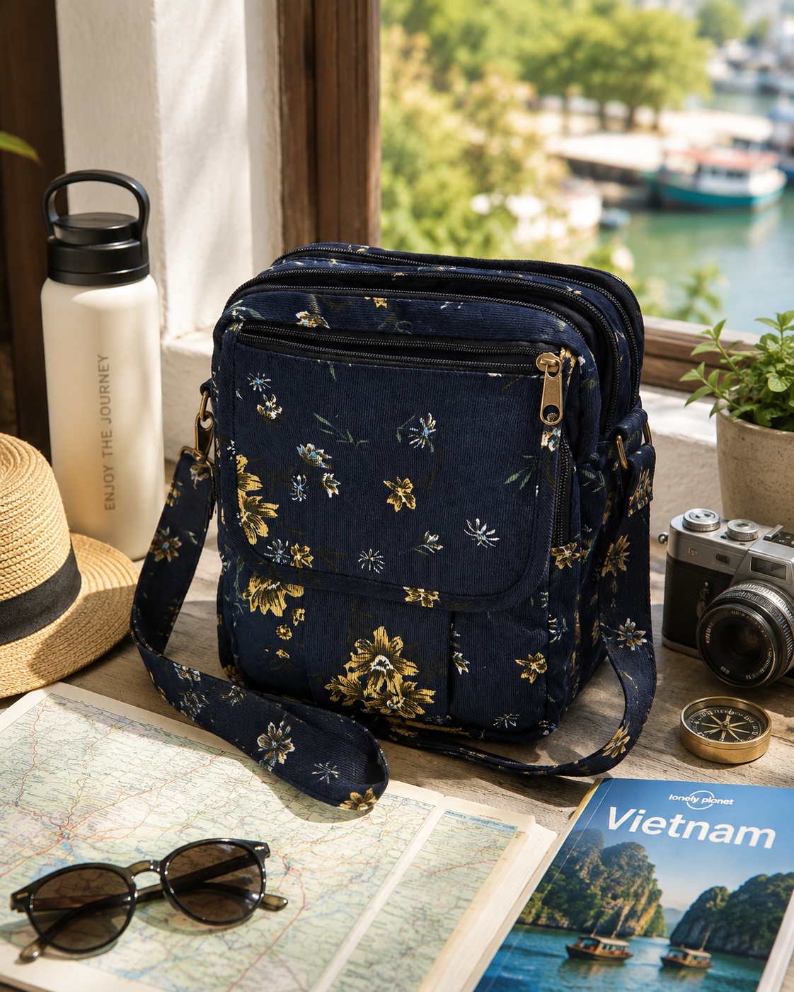 Floral Corduroy Crossbody Bag – 7 Pockets, Adjustable Strap