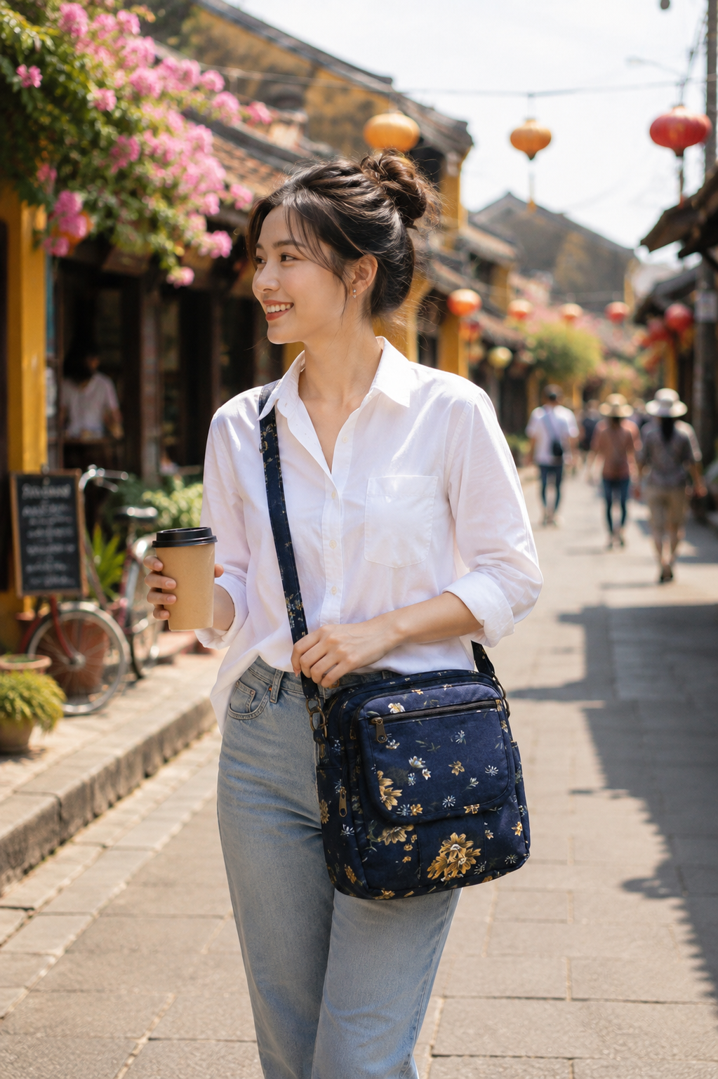Floral Corduroy Crossbody Bag – 7 Pockets, Adjustable Strap