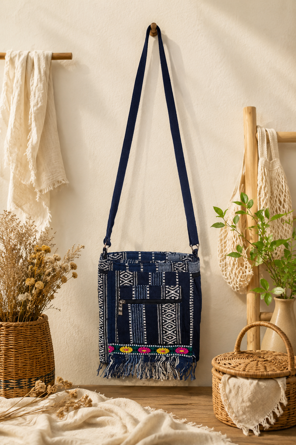 Bohemian Woven Crossbody Bag – 3 Zipper Compartments, Embroidered Floral Trim & Fringe, 44" Shoulder Strap