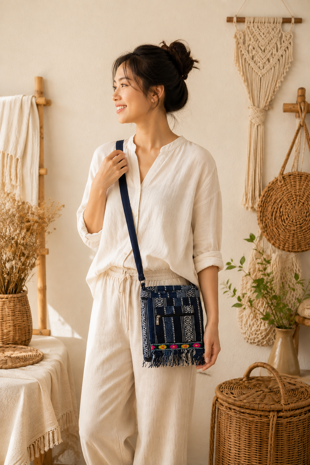 Bohemian Woven Crossbody Bag – 3 Zipper Compartments, Embroidered Floral Trim & Fringe, 44" Shoulder Strap