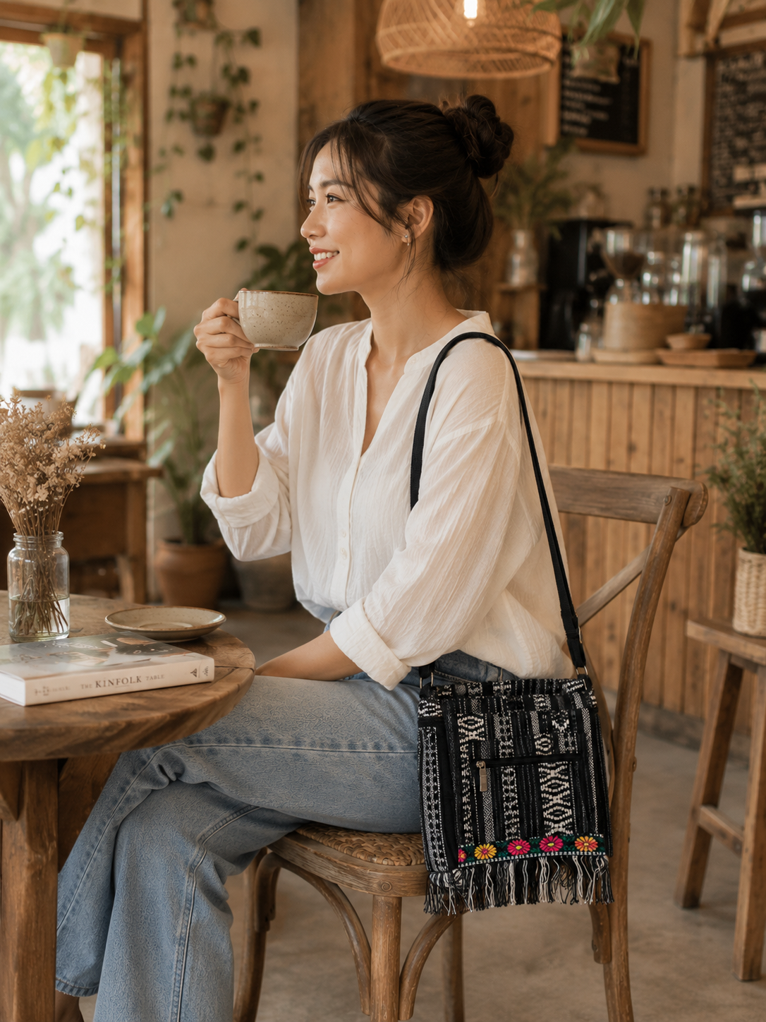Boho Woven Crossbody Bag Black – 3 Zipper Pockets, Fringe & Floral Trim
