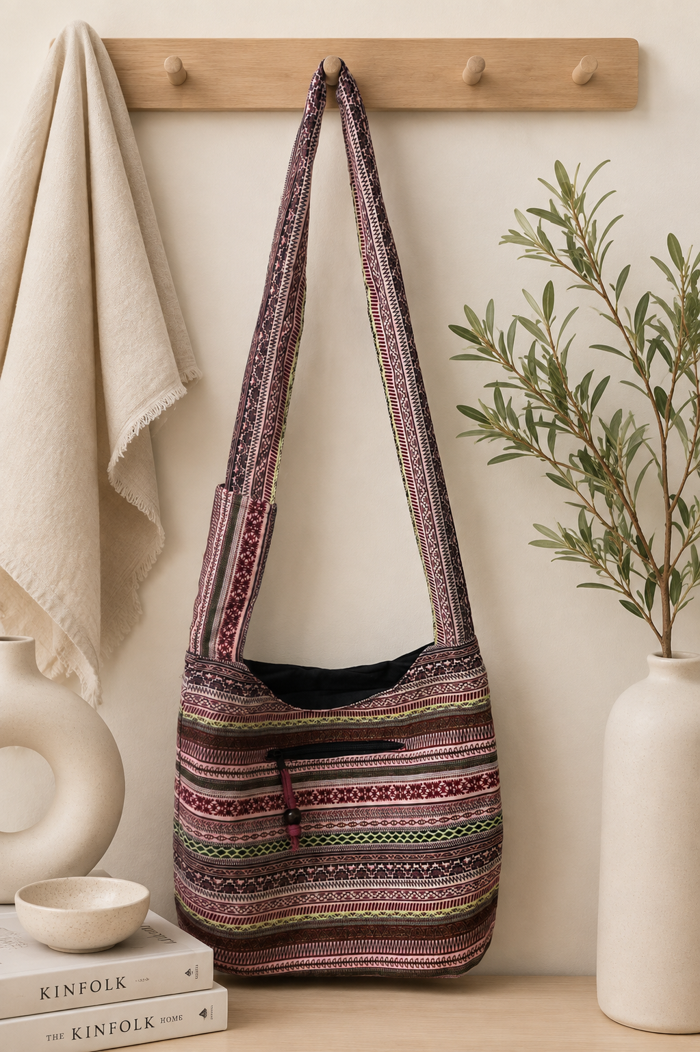 Thai Woven Crossbody Bag – Boho Ethnic Pattern, Wide Strap