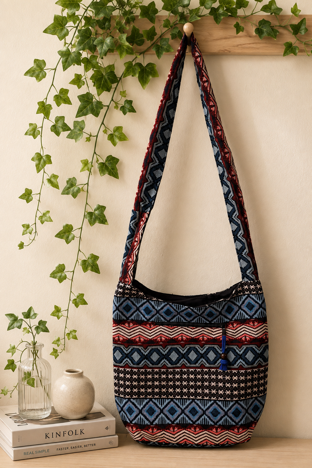 Thai Woven Crossbody Bag – Boho Ethnic Pattern, Wide Strap, Made in Thailand