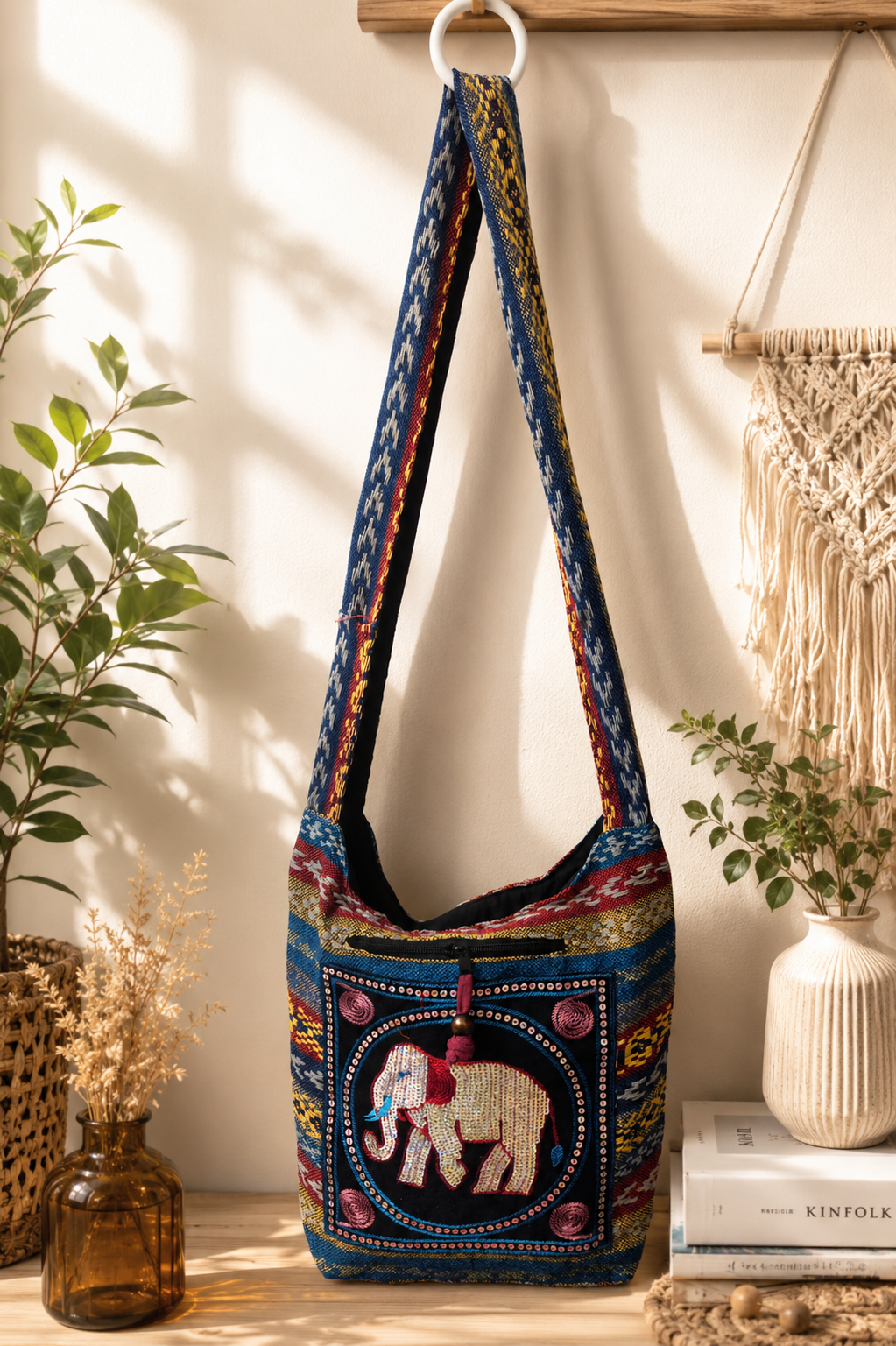Thai Elephant Cotton Shoulder Bag – Boho Ethnic Sequin Embroidered Crossbody Bag with Zipper Pockets – Made in Thailand