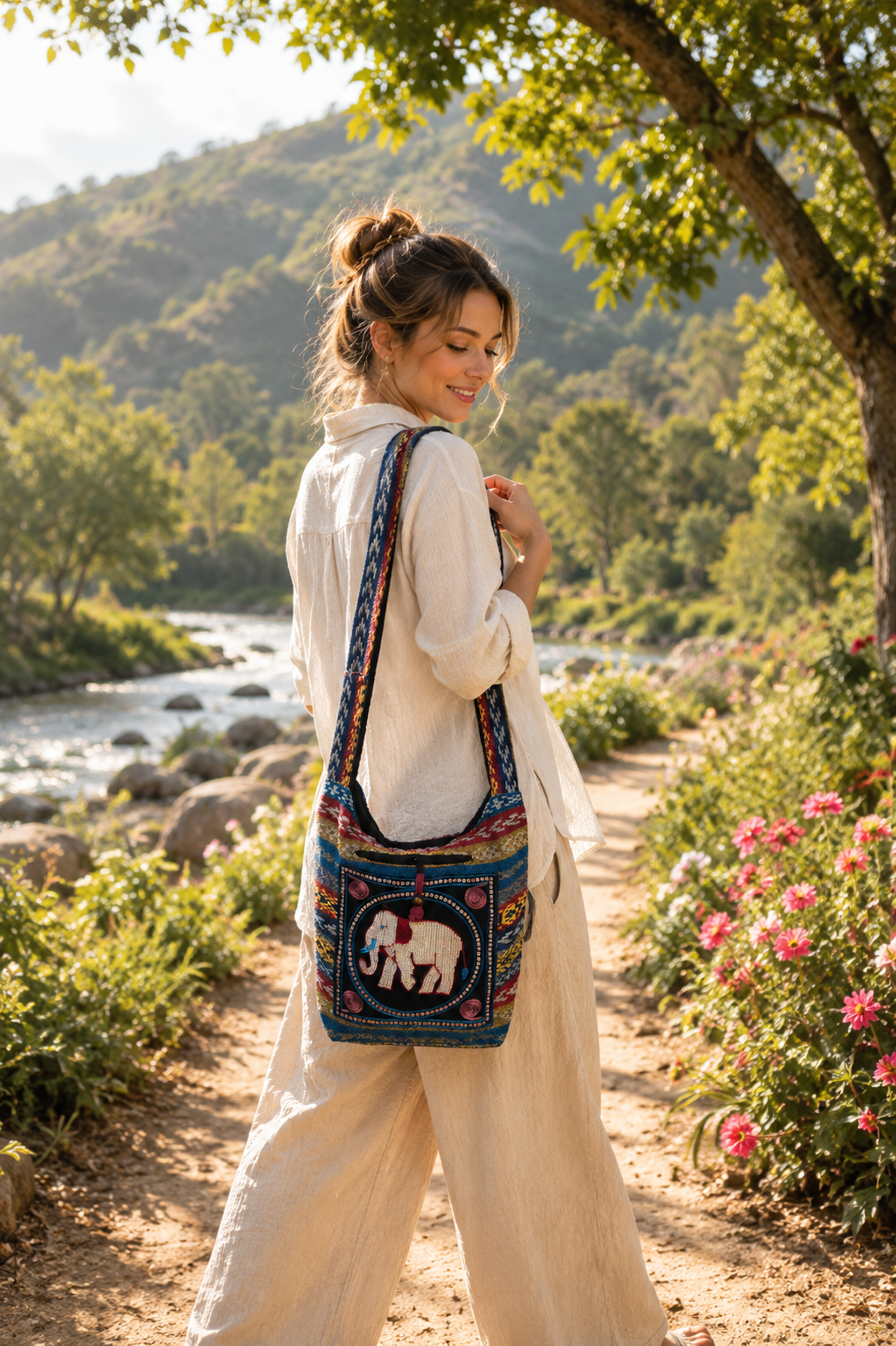 Thai Elephant Cotton Shoulder Bag – Boho Ethnic Sequin Embroidered Crossbody Bag with Zipper Pockets – Made in Thailand
