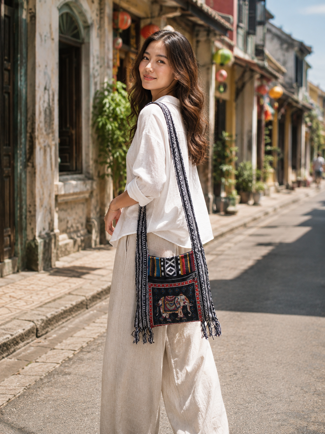Thai Elephant Crossbody Bag – 100% Cotton Brocade Boho Shoulder Bag with Zipper & Fringe – Made in Thailand