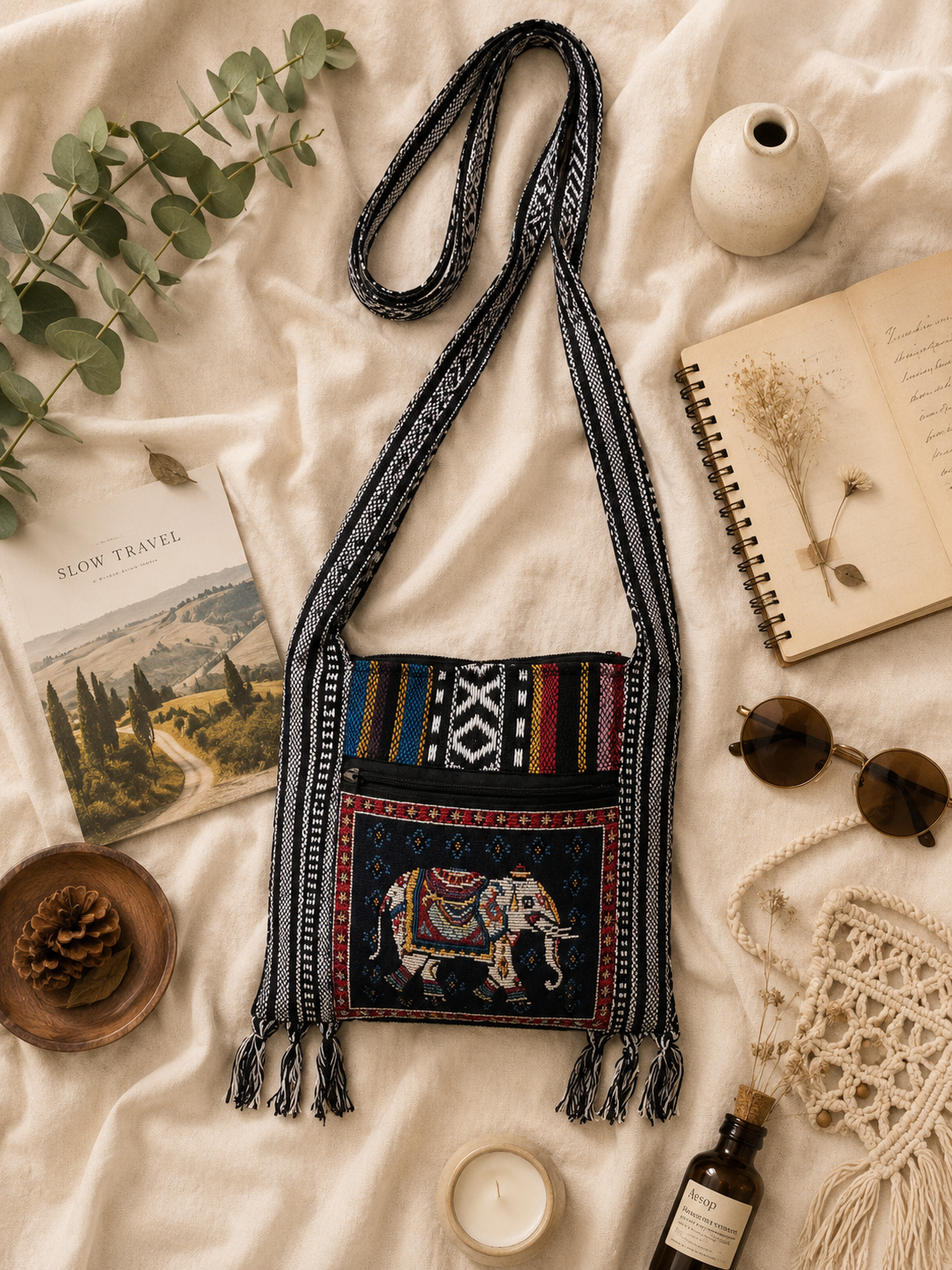 Thai Elephant Crossbody Bag – 100% Cotton Brocade Boho Shoulder Bag with Zipper & Fringe – Made in Thailand