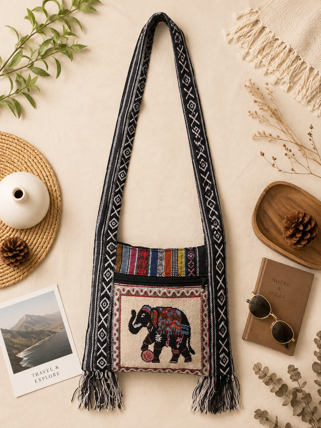 Thai Elephant Soccer Crossbody Bag – 100% Cotton Brocade Boho Shoulder Bag with Zipper & Fringe – Made in Thailand