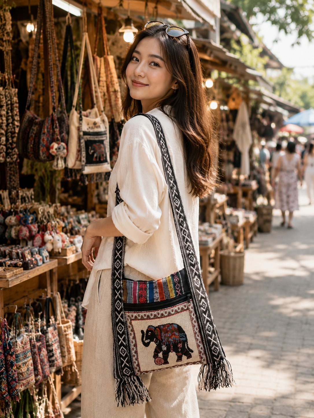 Thai Elephant Soccer Crossbody Bag – 100% Cotton Brocade Boho Shoulder Bag with Zipper & Fringe – Made in Thailand