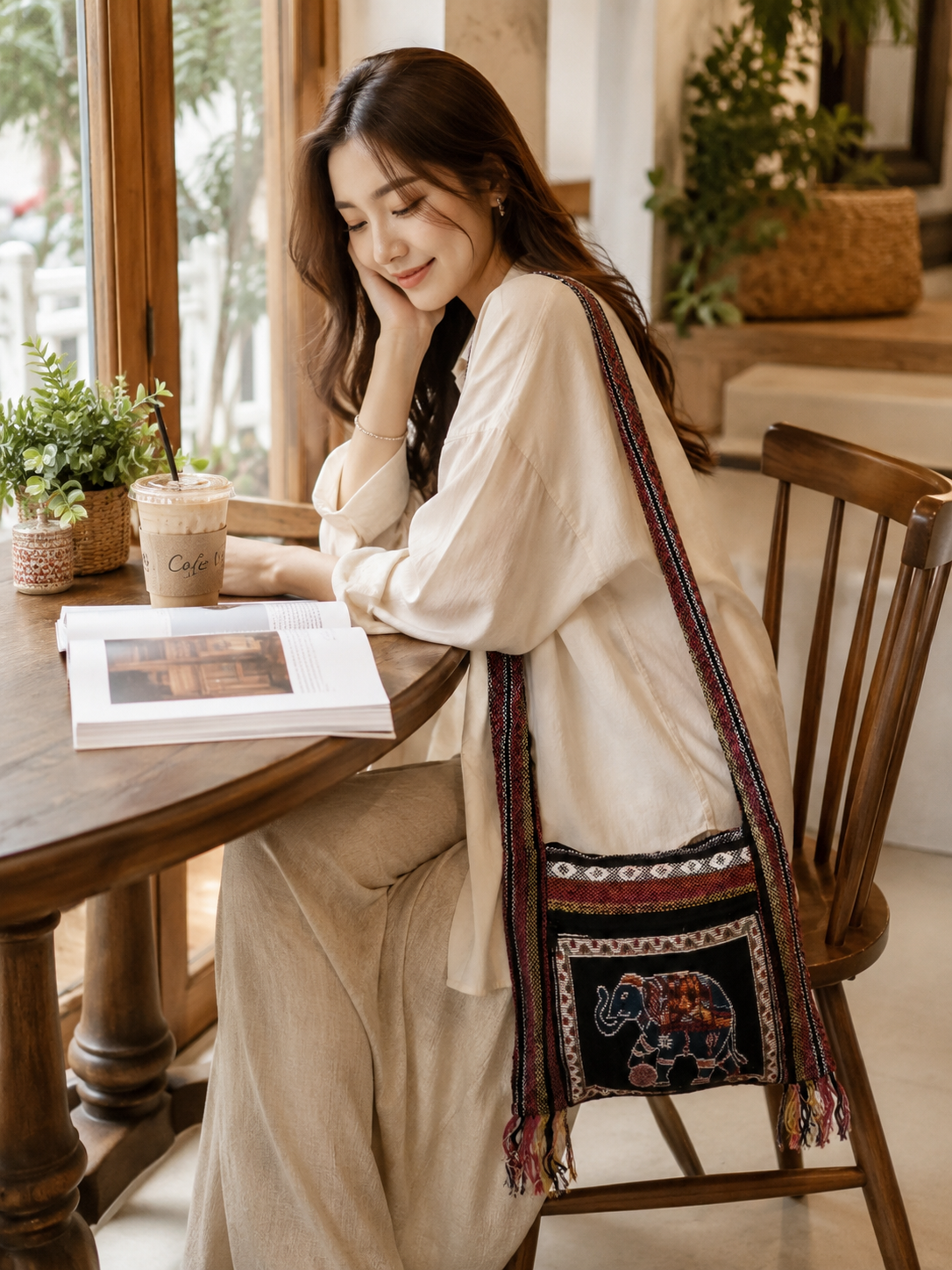 Thai Elephant Soccer Crossbody Bag – 100% Cotton Brocade Boho Shoulder Bag with Zipper & Fringe – Made in Thailand