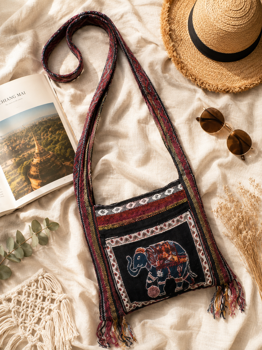 Thai Elephant Soccer Crossbody Bag – 100% Cotton Brocade Boho Shoulder Bag with Zipper & Fringe – Made in Thailand