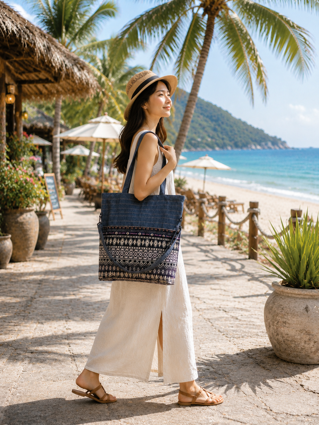 Thai Cotton Boho Tote Bag – Large 18" Convertible Shoulder & Crossbody Bag with Zipper